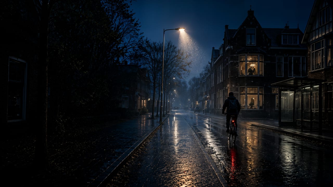 Nocna ulica w holenderskim miasteczku po deszczu, ciepłe światło w oknach i oddalający się rowerzysta.
